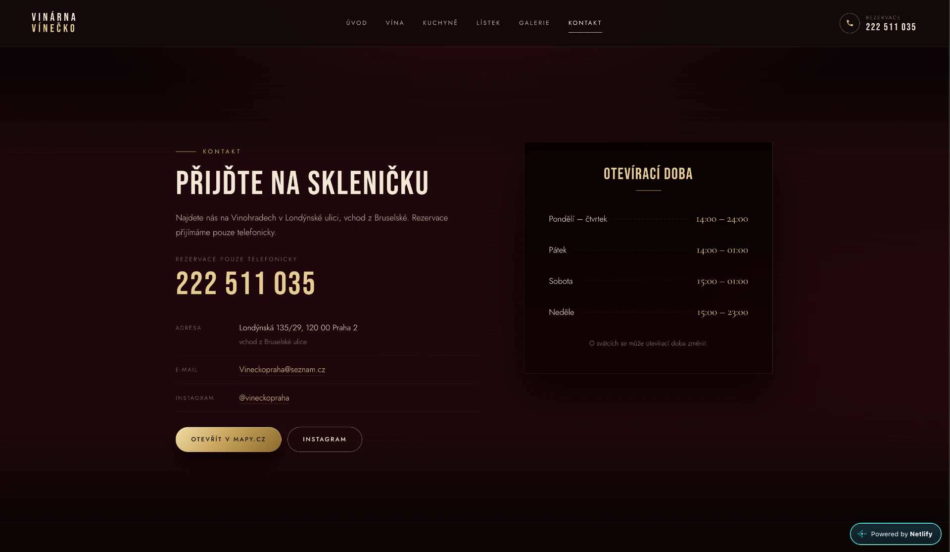 Vinárna Vínečko — kontakt a otevírací doba